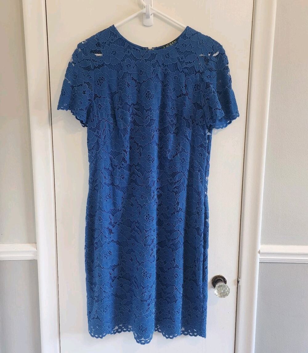 Lauren Ralph Lauren Sz 12 Blue Lace Sheath Dress Cocktail Wedding Guest Elegant